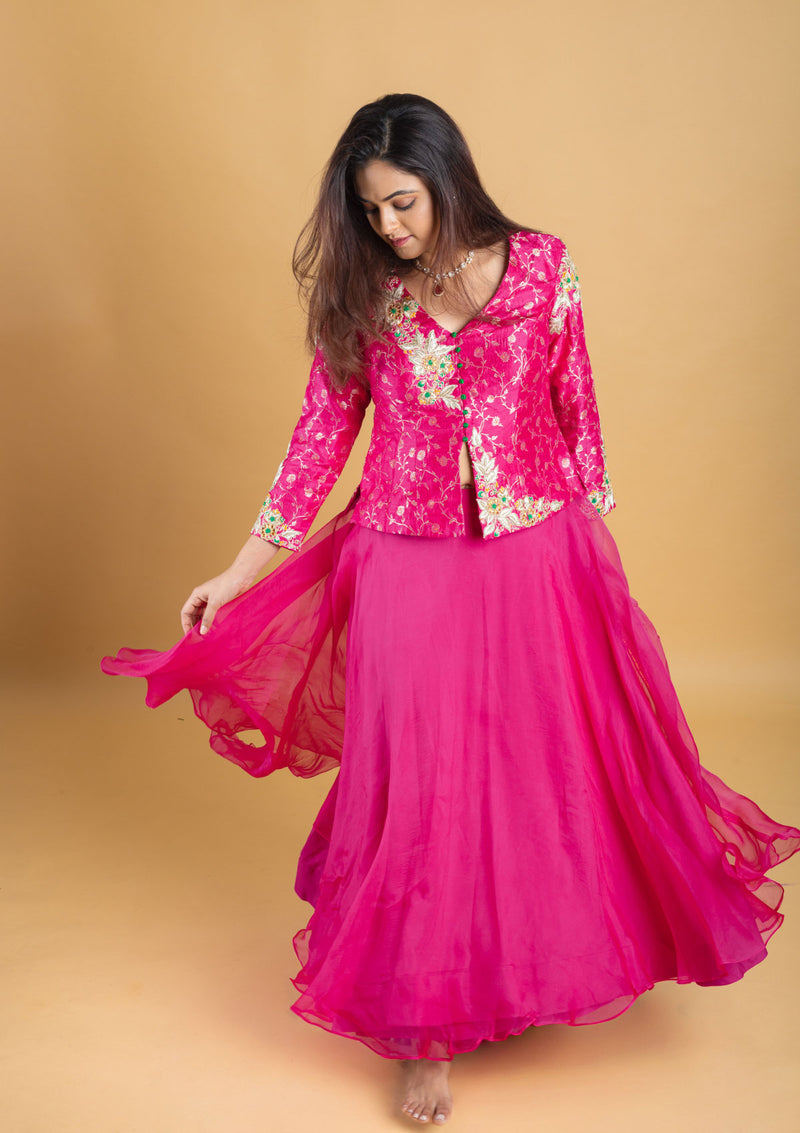 Designer hand embroidered with dori,kundan,zari pure brocade silk koti blouse clubbed with pure organza silk umbrella skirt