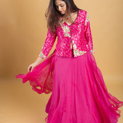Designer hand embroidered with dori,kundan,zari pure brocade silk koti blouse clubbed with pure organza silk umbrella skirt