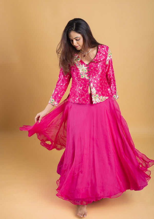 Designer hand embroidered with dori,kundan,zari pure brocade silk koti blouse clubbed with pure organza silk umbrella skirt
