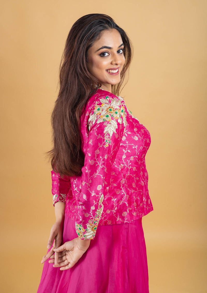 Designer hand embroidered with dori,kundan,zari pure brocade silk koti blouse clubbed with pure organza silk umbrella skirt