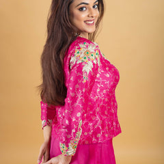 Designer hand embroidered with dori,kundan,zari pure brocade silk koti blouse clubbed with pure organza silk umbrella skirt