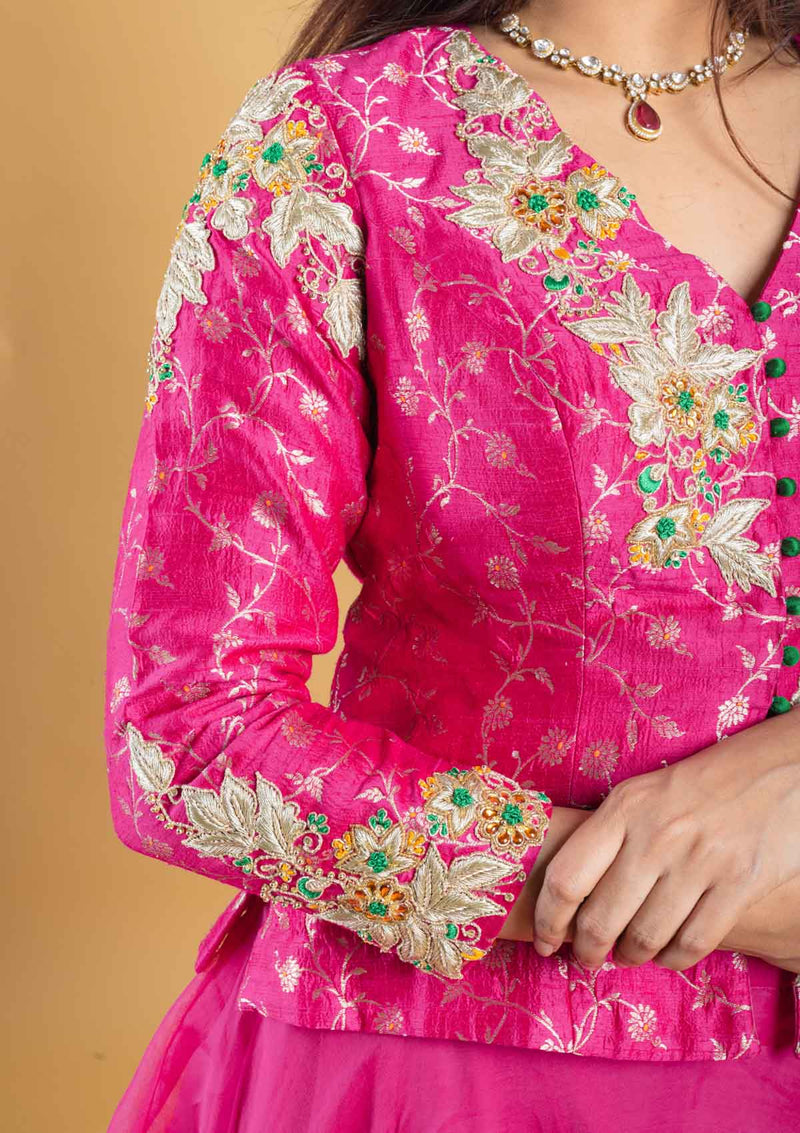 Designer hand embroidered with dori,kundan,zari pure brocade silk koti blouse clubbed with pure organza silk umbrella skirt