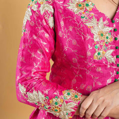 Designer hand embroidered with dori,kundan,zari pure brocade silk koti blouse clubbed with pure organza silk umbrella skirt