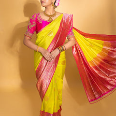 Designer pure banarasi brocade silk saree, with multicolored meena on saree border and on pallu. Saree is clubbed with designer hand embroidered blouse