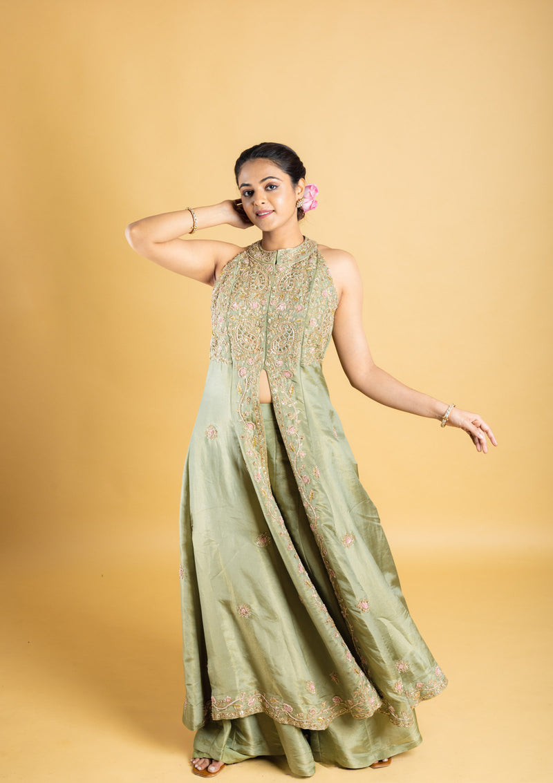 designer hand embroidered anarkali with flared kali pant