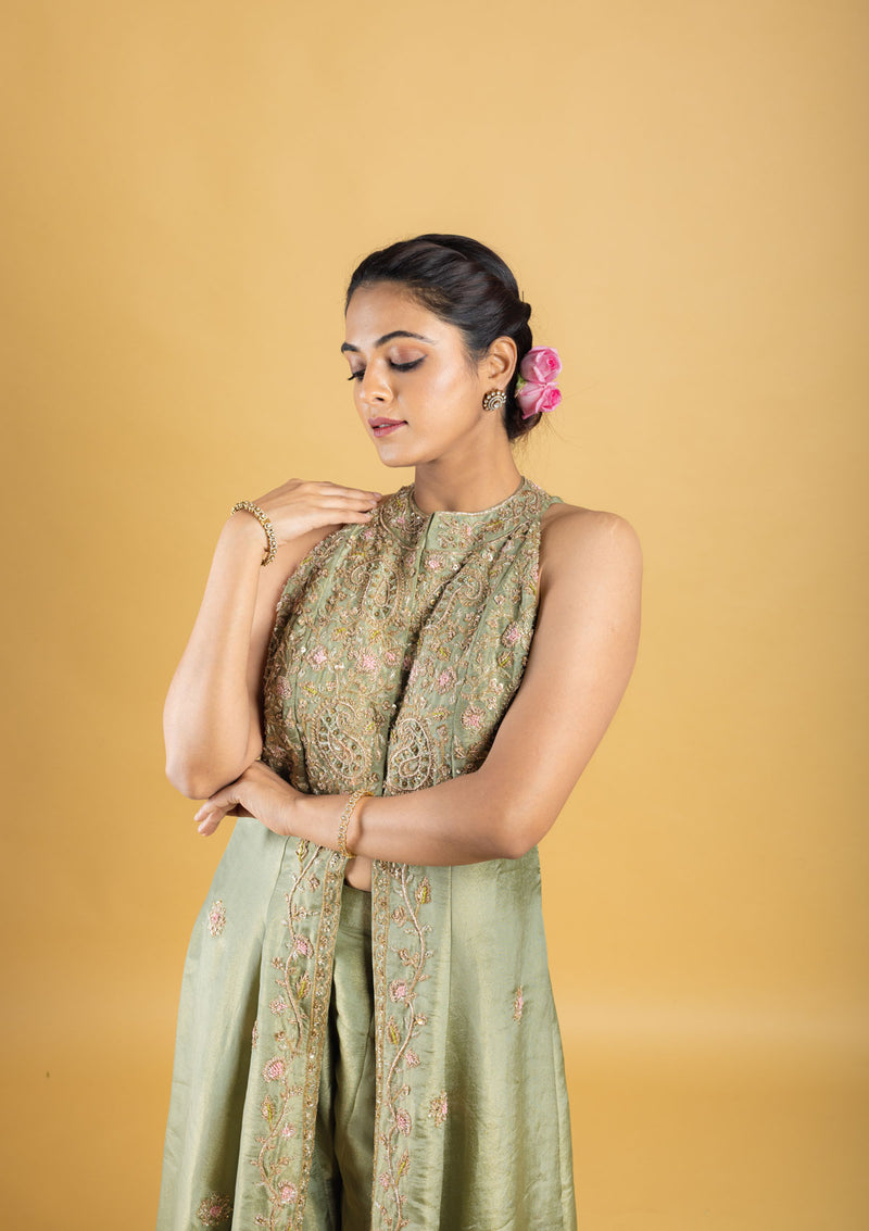 designer hand embroidered anarkali with flared kali pant