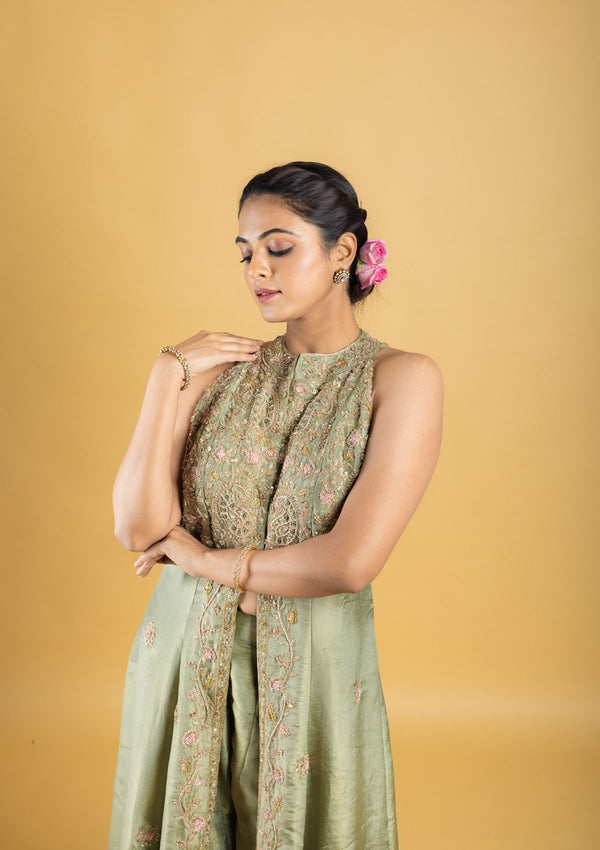designer hand embroidered anarkali with flared kali pant