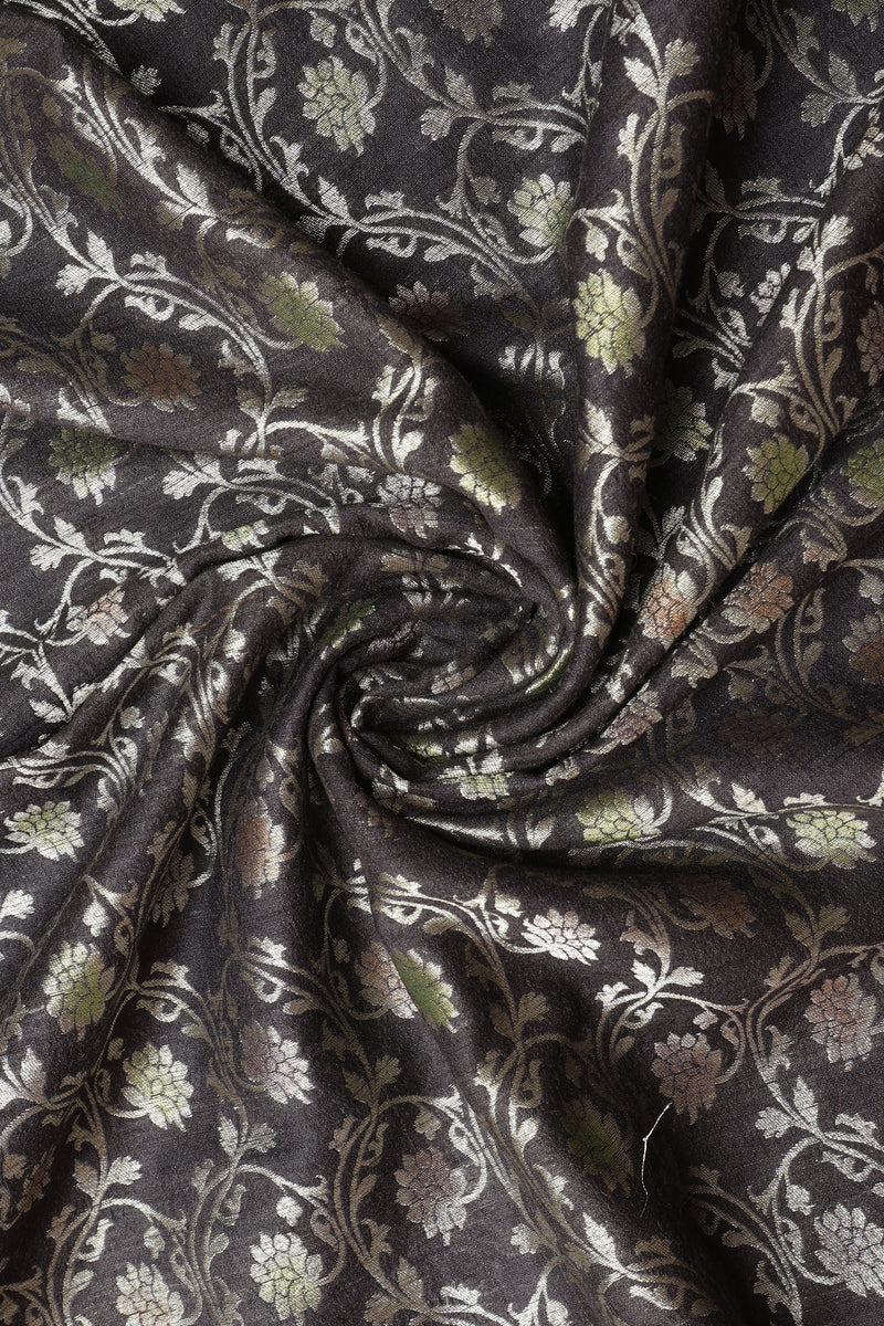 Pure Banarasi Raw Silk Fabric – Zari Jaal & Multicolor Meena, Charcoal Black (1 Meter)