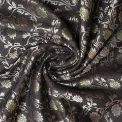 Pure Banarasi Raw Silk Fabric – Zari Jaal & Multicolor Meena, Charcoal Black (1 Meter)
