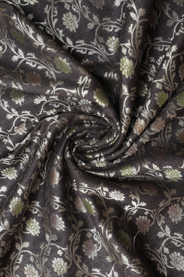 Pure Banarasi Raw Silk Fabric – Zari Jaal & Multicolor Meena, Charcoal Black (1 Meter)