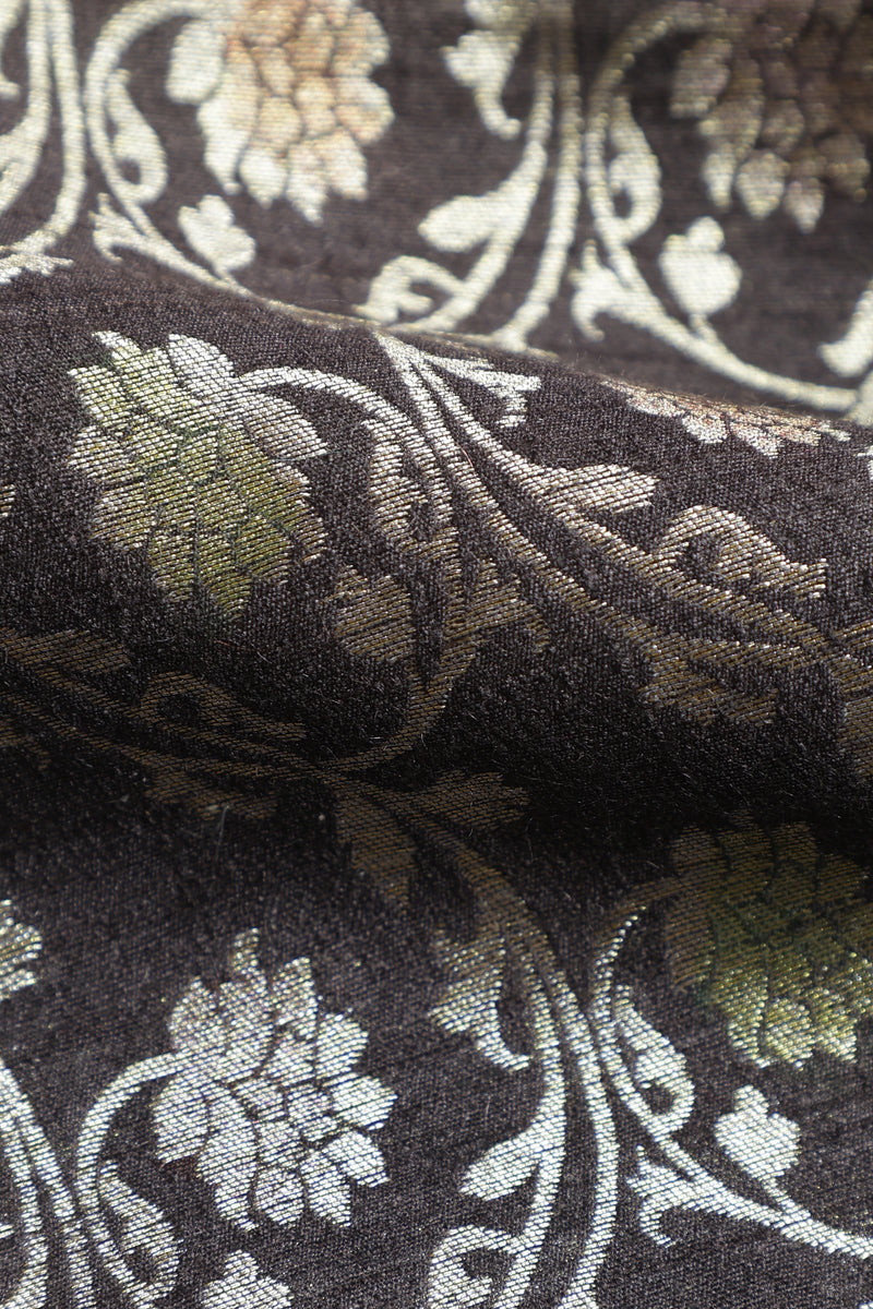Pure Banarasi Raw Silk Fabric – Zari Jaal & Multicolor Meena, Charcoal Black (1 Meter)