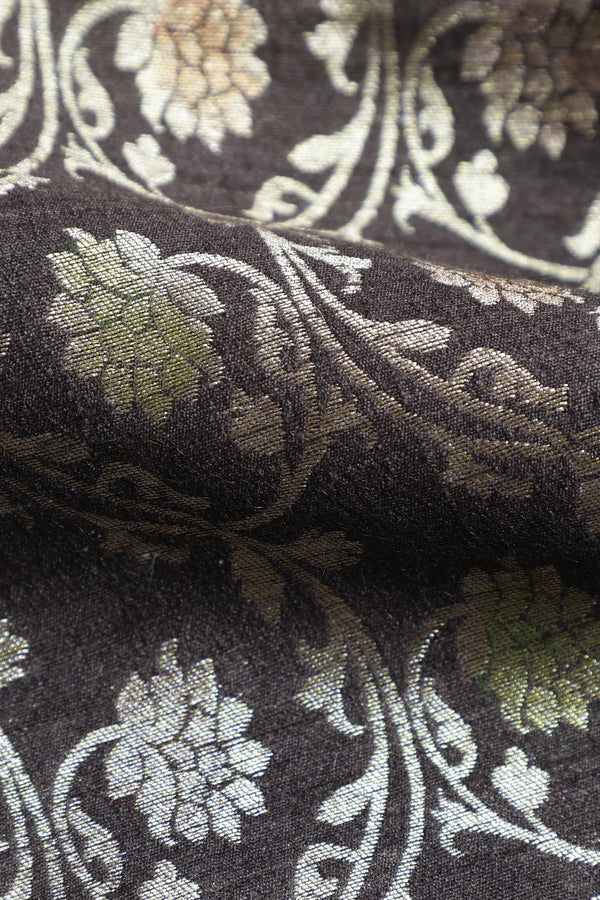 Pure Banarasi Raw Silk Fabric – Zari Jaal & Multicolor Meena, Charcoal Black (1 Meter)