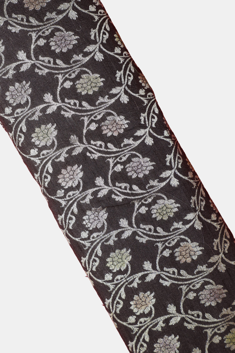 Pure Banarasi Raw Silk Fabric – Zari Jaal & Multicolor Meena, Charcoal Black (1 Meter)