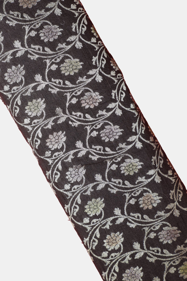 Pure Banarasi Raw Silk Fabric – Zari Jaal & Multicolor Meena, Charcoal Black (1 Meter)