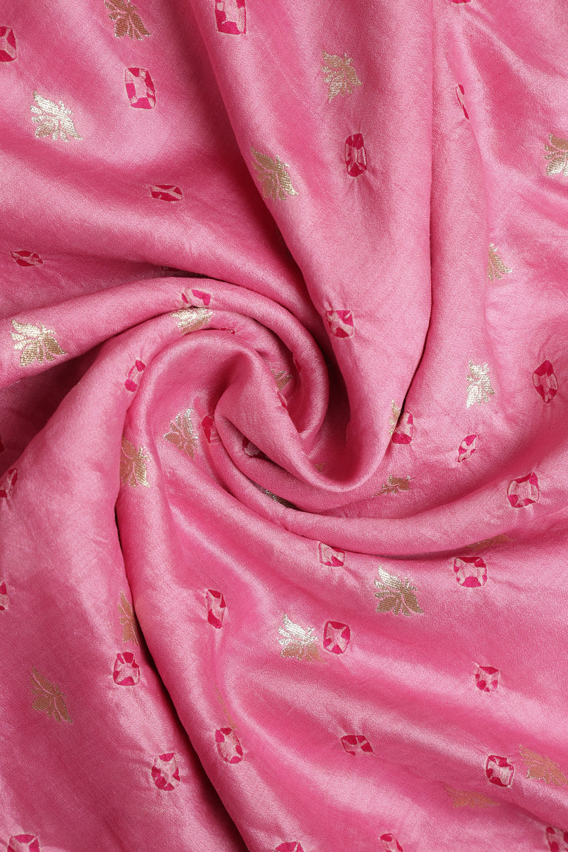 Pure Banarasi Chiniya Silk Fabric – Bandhani & Big Zari Border, Baby Pink with Rani Pink (1 Meter)