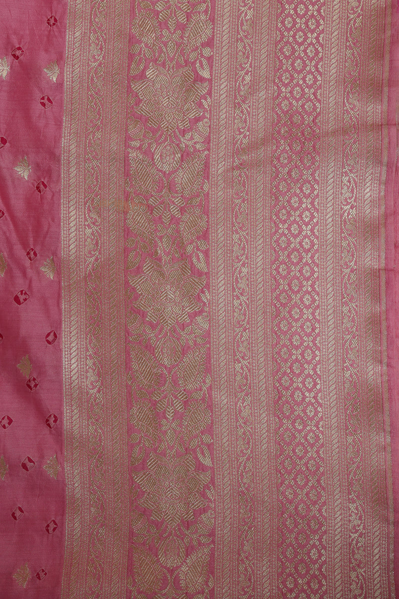 Pure Banarasi Chiniya Silk Fabric – Bandhani & Big Zari Border, Baby Pink with Rani Pink (1 Meter)