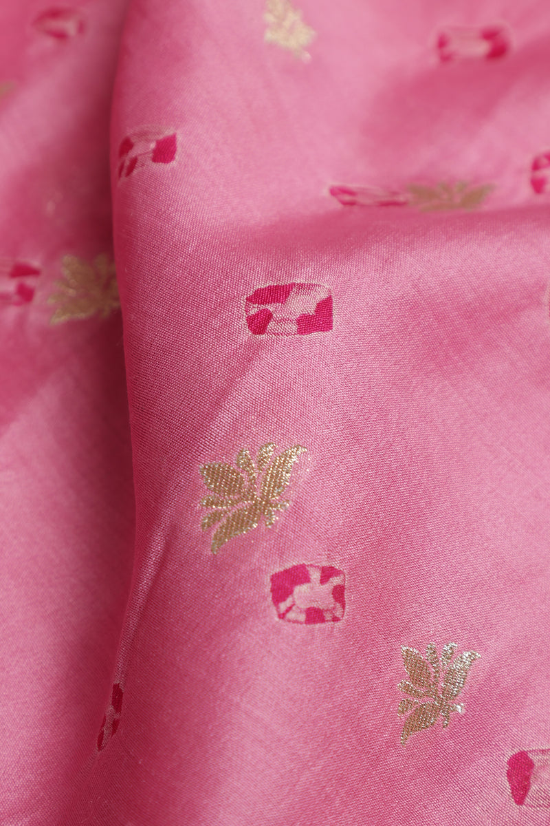 Pure Banarasi Chiniya Silk Fabric – Bandhani & Big Zari Border, Baby Pink with Rani Pink (1 Meter)
