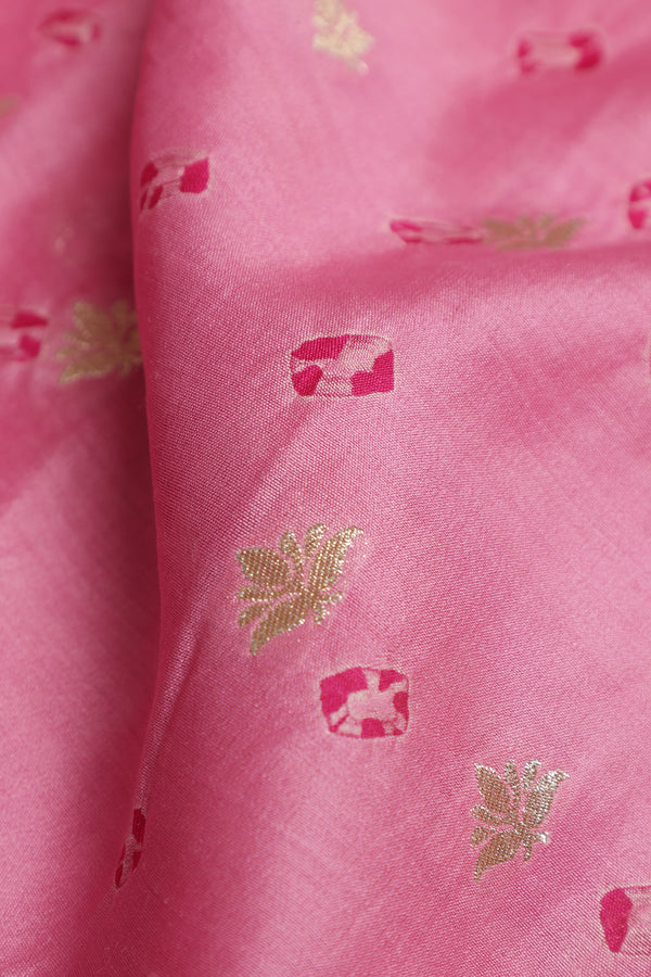 Pure Banarasi Chiniya Silk Fabric – Bandhani & Big Zari Border, Baby Pink with Rani Pink (1 Meter)