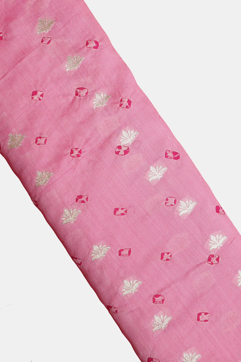 Pure Banarasi Chiniya Silk Fabric – Bandhani & Big Zari Border, Baby Pink with Rani Pink (1 Meter)