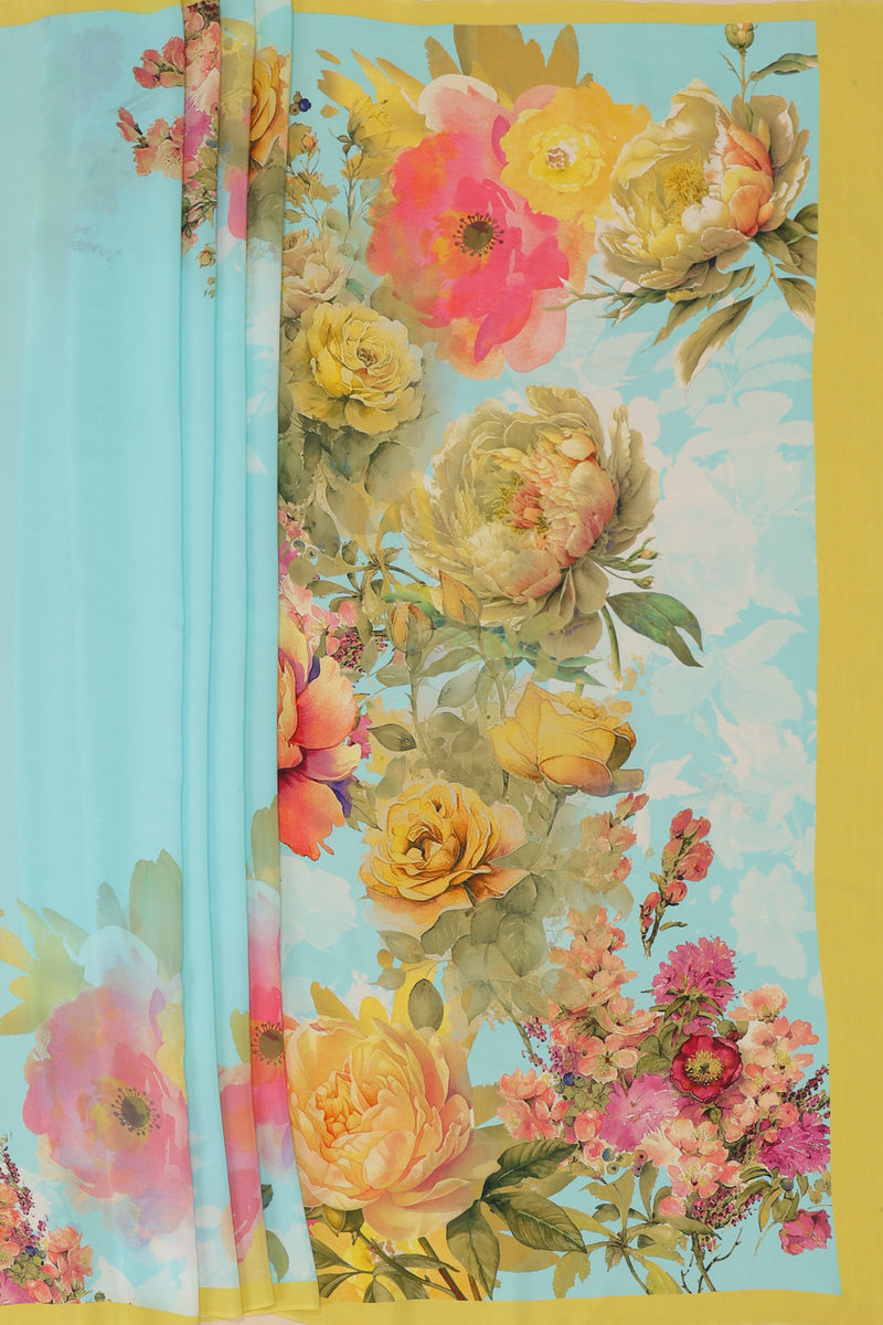 Pure Banarasi Crepe Silk Saree - Sea Green, Floral Printed