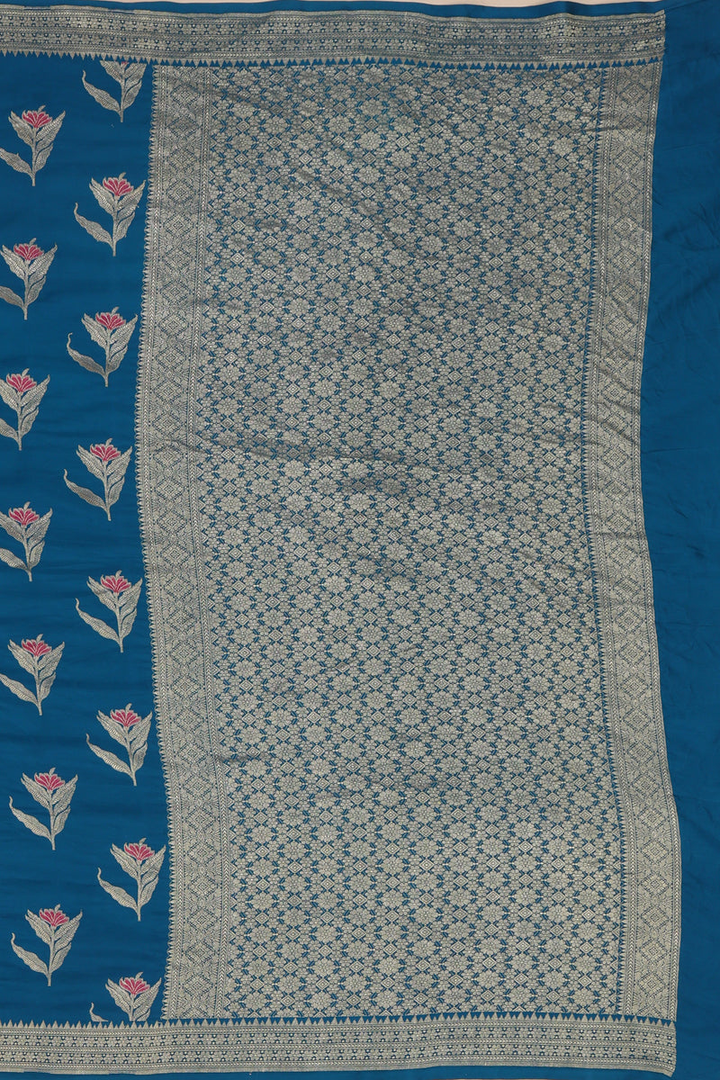 Pure banarasi Mashroo Satin Silk - Teal Blue with Rani Pink Kadhua Butta