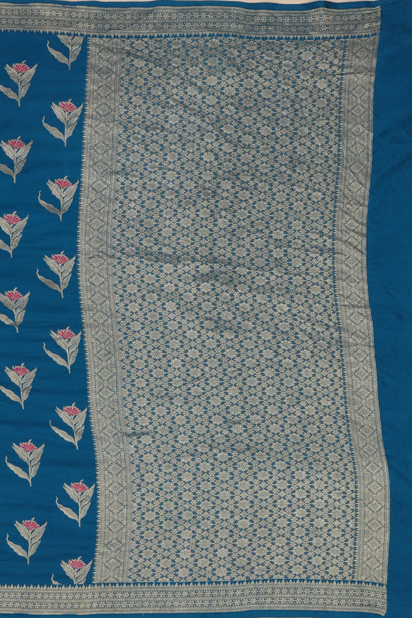 Pure banarasi Mashroo Satin Silk - Teal Blue with Rani Pink Kadhua Butta