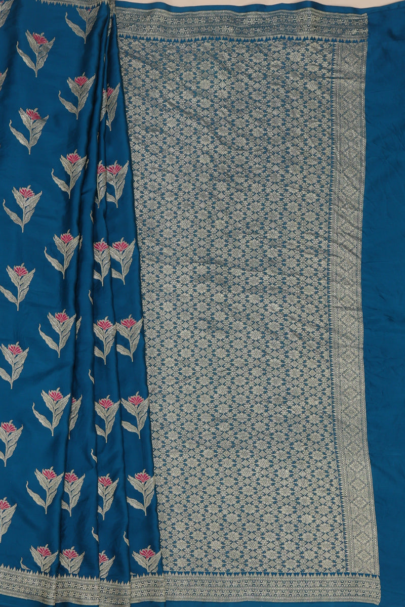 Pure banarasi Mashroo Satin Silk - Teal Blue with Rani Pink Kadhua Butta