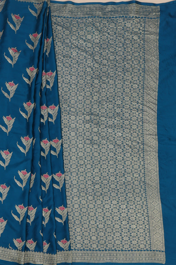 Pure banarasi Mashroo Satin Silk - Teal Blue with Rani Pink Kadhua Butta