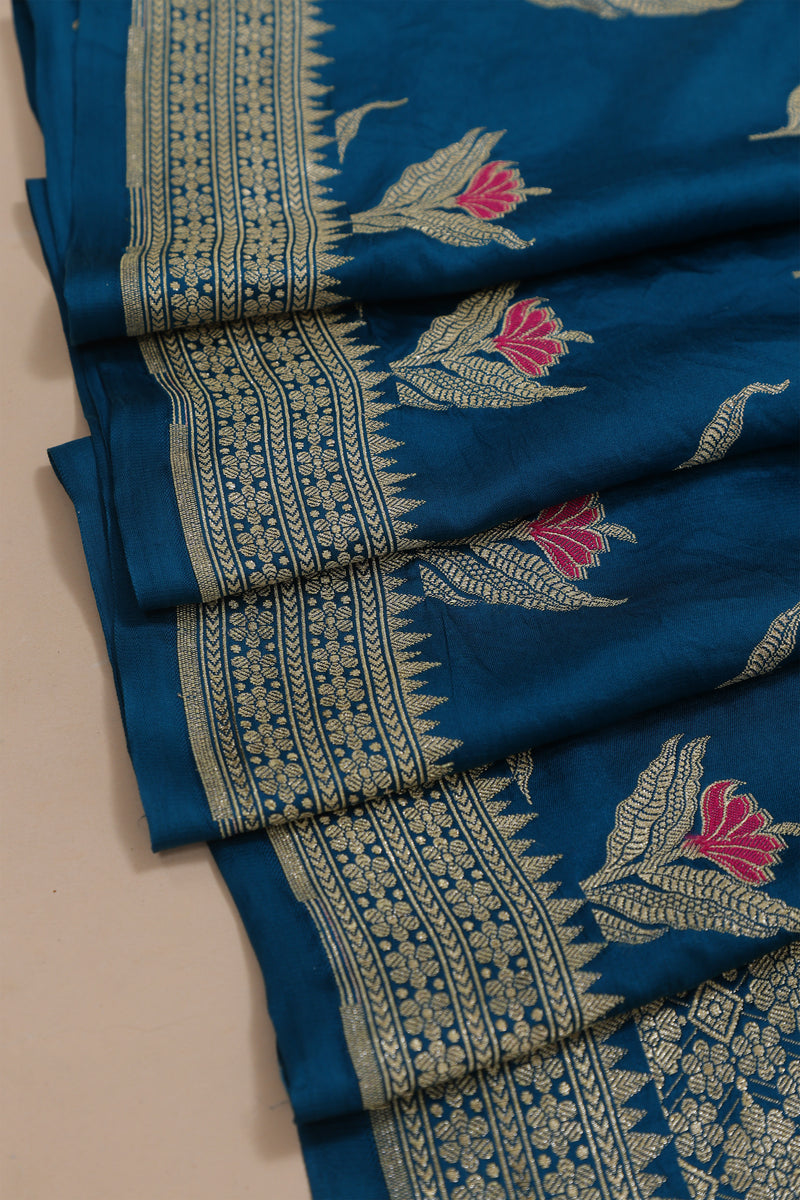 Pure banarasi Mashroo Satin Silk - Teal Blue with Rani Pink Kadhua Butta