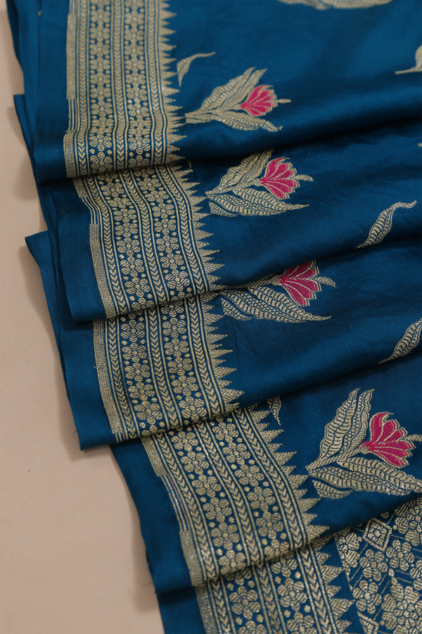 Pure banarasi Mashroo Satin Silk - Teal Blue with Rani Pink Kadhua Butta