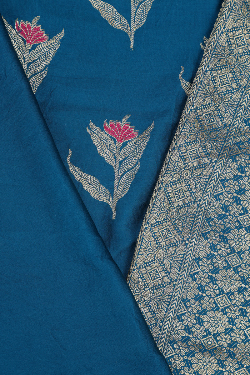 Pure banarasi Mashroo Satin Silk - Teal Blue with Rani Pink Kadhua Butta