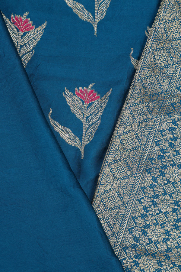 Pure banarasi Mashroo Satin Silk - Teal Blue with Rani Pink Kadhua Butta