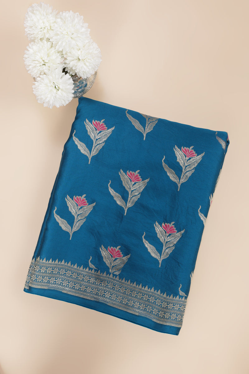 Pure banarasi Mashroo Satin Silk - Teal Blue with Rani Pink Kadhua Butta