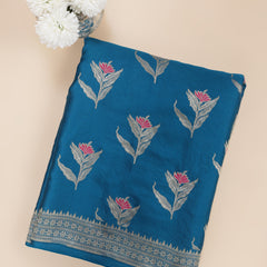 Pure banarasi Mashroo Satin Silk - Teal Blue with Rani Pink Kadhua Butta