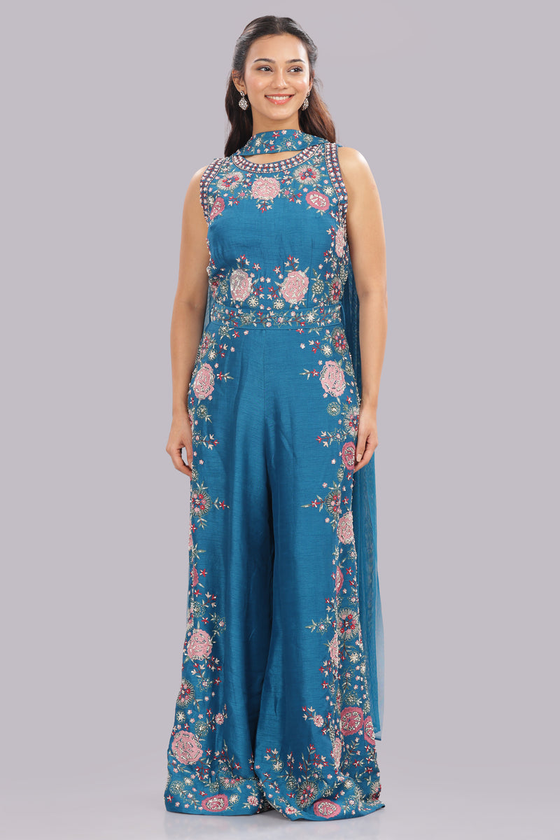 Designer Hand Embroidered Jumpsuit Clubbed with a Choker Dupatta
