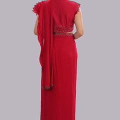 Designer Hand Embroidered Draped Saree - Cherry Red