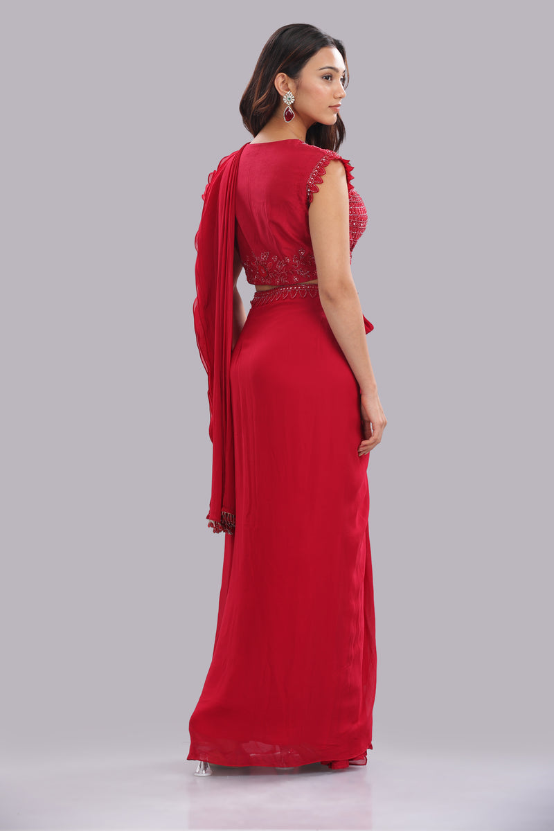 Designer Hand Embroidered Draped Saree - Cherry Red