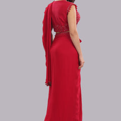 Designer Hand Embroidered Draped Saree - Cherry Red
