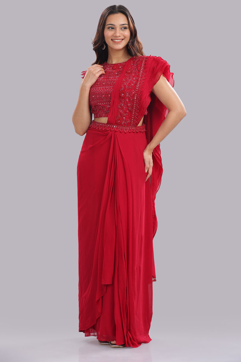 Designer Hand Embroidered Draped Saree - Cherry Red