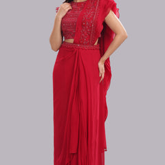 Designer Hand Embroidered Draped Saree - Cherry Red