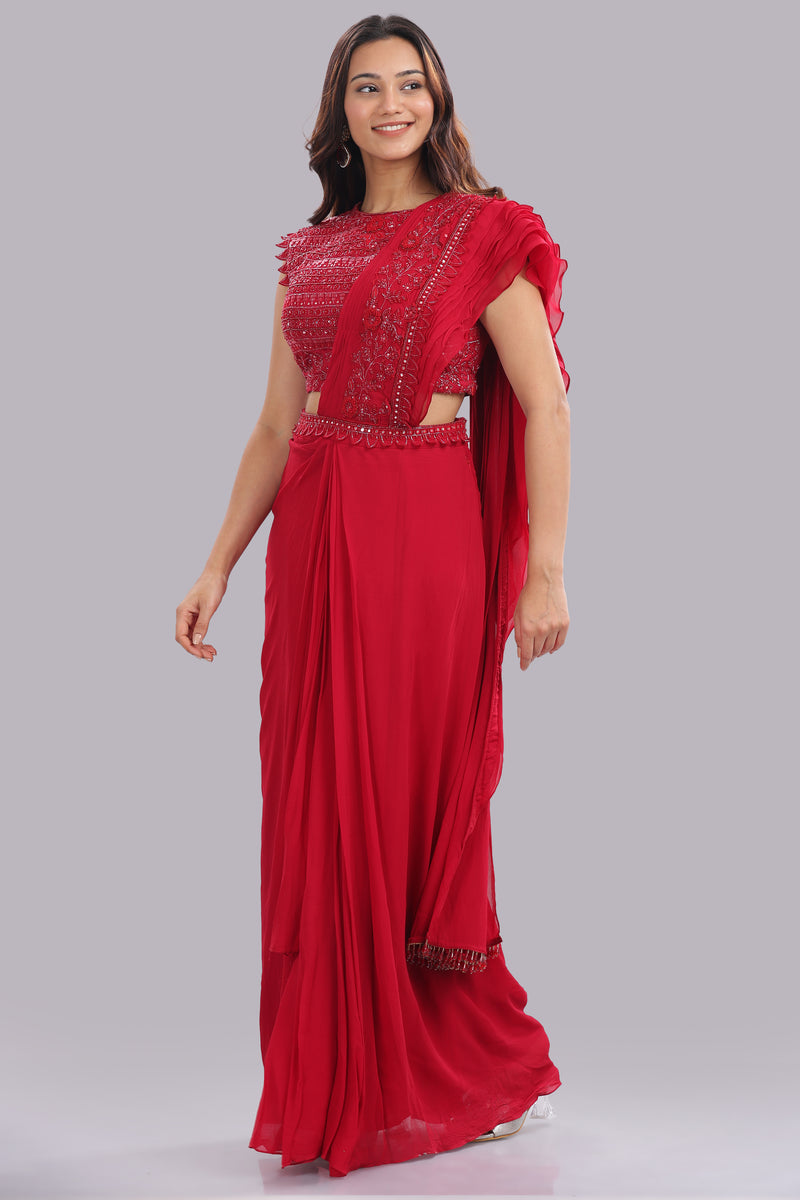 Designer Hand Embroidered Draped Saree - Cherry Red
