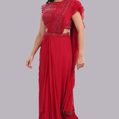 Designer Hand Embroidered Draped Saree - Cherry Red