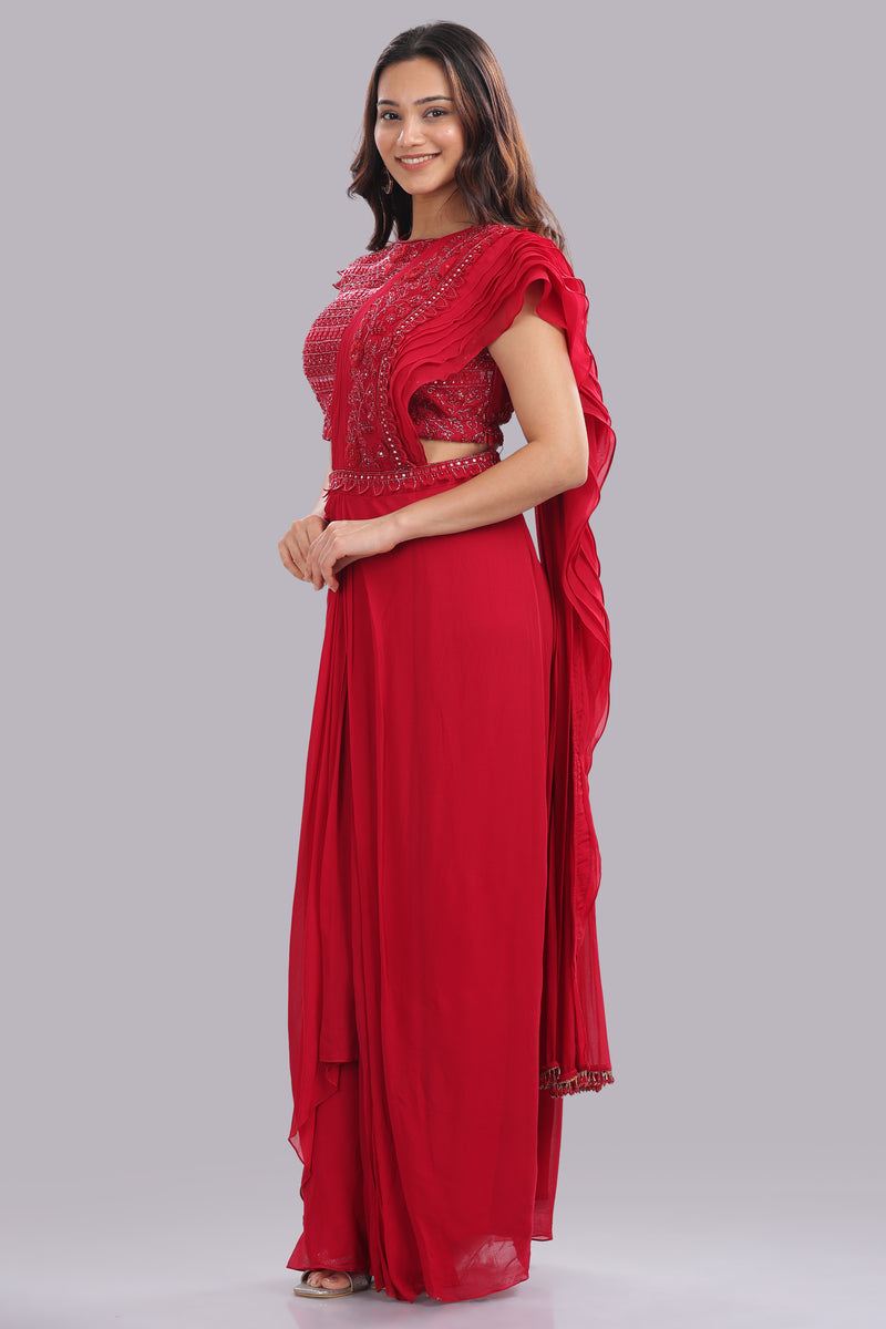 Designer Hand Embroidered Draped Saree - Cherry Red