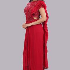 Designer Hand Embroidered Draped Saree - Cherry Red