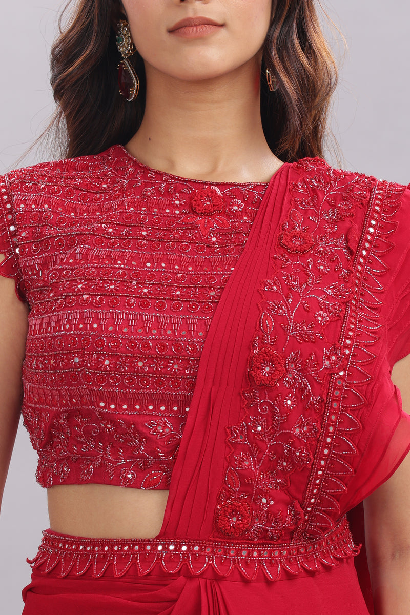 Designer Hand Embroidered Draped Saree - Cherry Red