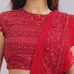 Designer Hand Embroidered Draped Saree - Cherry Red