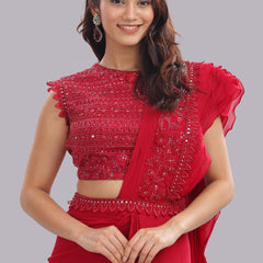 Designer Hand Embroidered Draped Saree - Cherry Red