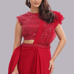 Designer Hand Embroidered Draped Saree - Cherry Red