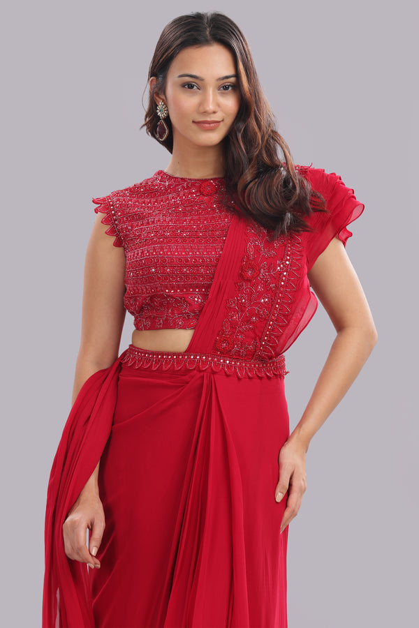 Designer Hand Embroidered Draped Saree - Cherry Red