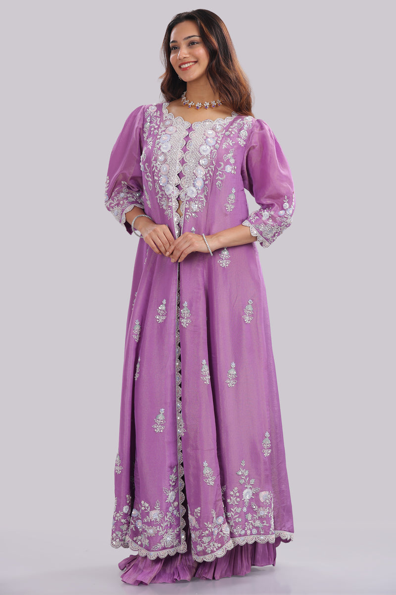 Designer Tissue Silk Hand Embroidered Anarkali Clubbed With Crushed Tissue Skirt And Tissue Dupatta